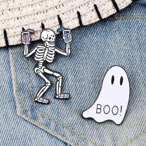 Boo! Ghost Skeleton Enamel Pin Cool Skull Badge Brooches Denim Shirts Lapel Pins Halloween Gothic Jewelry Gifts For Women Men