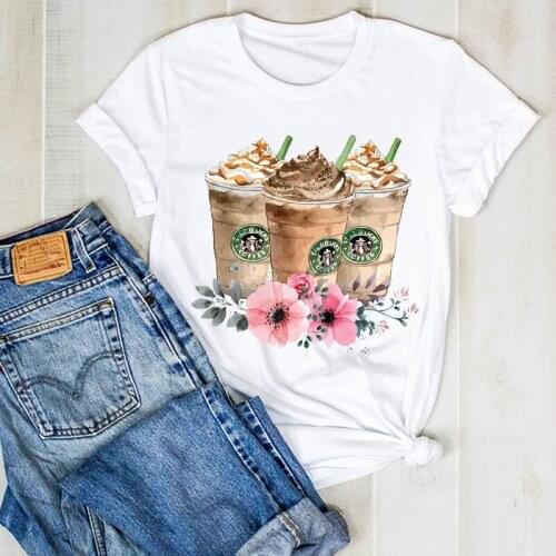 Women Lady Summer Flowers Coffee Floral Cute Print Ladies T Tee Tshirt Womens Female Top Shirt Clothes Graphic Clothing T-shirt