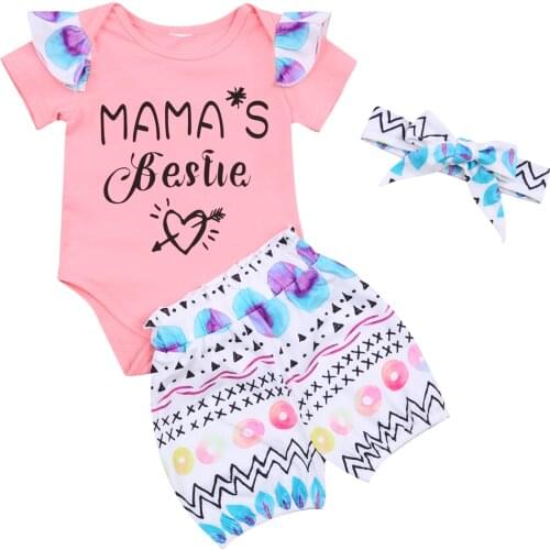 3Pcs Baby Summer Outfits, Letter Print O-Neck Short Sleeves Romper + Eggs Print Shorts + Headband Suit for Toddler Girls