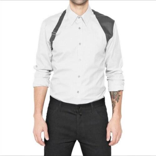 New! Men Casual Long-sleeve Shirt Black And White Patchwork Shoulder Strap Decoration Shirt Summer Slim Shirt Nightclub Clothing