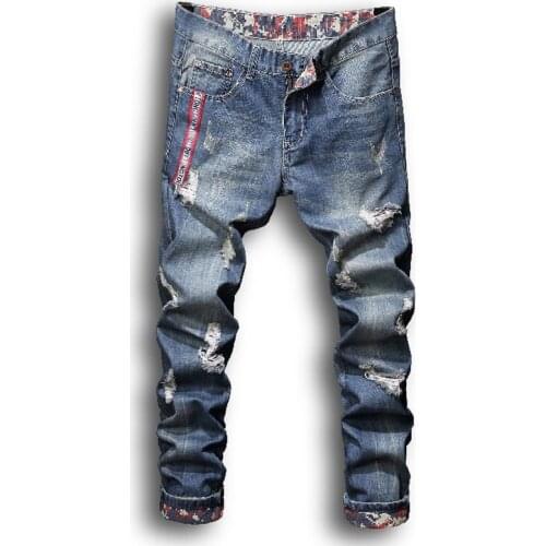 New Skinny Jeans Men Streetwear Destroyed Ripped Jeans Homme Hip Hop Broken Pencil Biker Denim Pants Hole