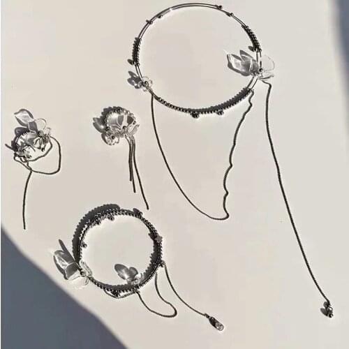 Origin Summer French Fairy Transparent Flowers Choker Necklace for Women Round Beaded Chain Long Tassel Metal Necklace Jewelry