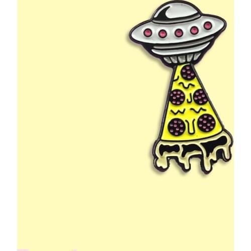 Pizza Cosmic UFO Enamel Pin Spaceship Badge Brooch Backpack Clothes Lapel Pin Fashion Alien Space Jewelry Gift for Friends
