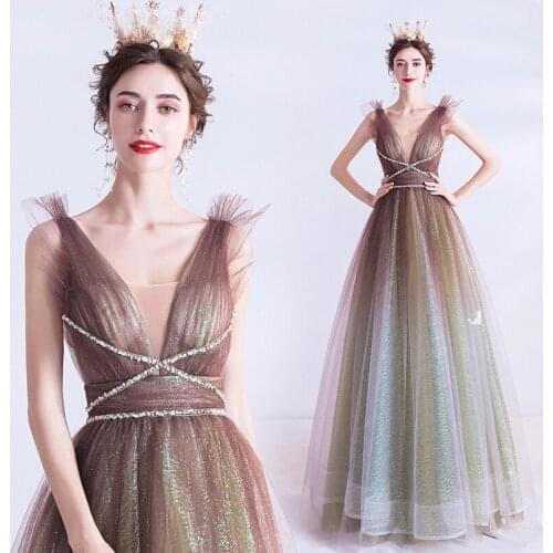 New light coffee sequined lady girl women princess prom performance dress banquet party ball prom dress gown free shipping