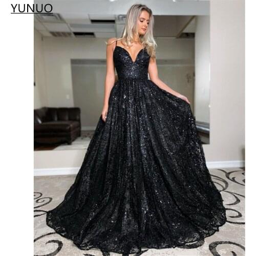 YUNUO Sequin vestidos formales Black Formal Evening Gowns A-line Spaghetti Straps Prom Dresses robes de soirée Back Lace Up