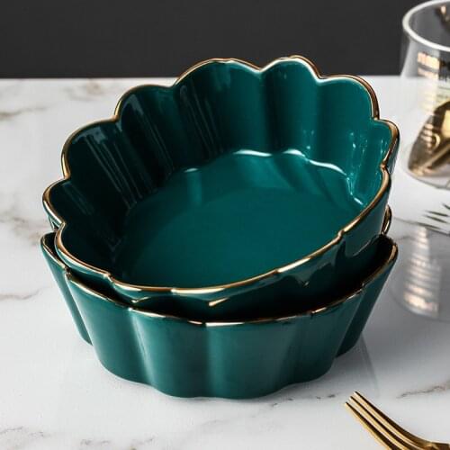 Luxury Green Ceramic Gold Rim Fruit Salad Bowl Nordic Style Snack Candy Biscuit Western Food Soup Instant Noodle Bowl Dinnerware