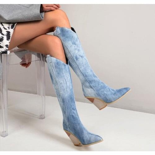 Brown White Blue Women Knee High Boots Western Cowboy Boots for Women Long Winter Boots Zipper Pointed Toe Cowgirl Wedges Boots