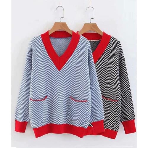 Saythen 2020 patchwork Autumn winter new design cute style V-neck double pocket herringbone warm knit Comfortable women pullover