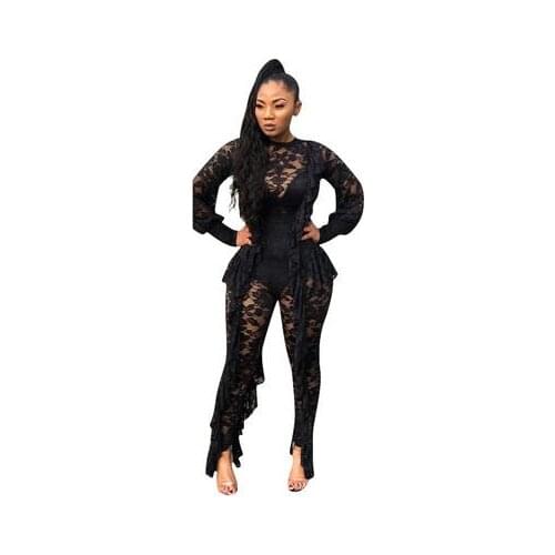 Long Sleeve Sexy Sheer Black Lace Jumpsuit Women See Through Ruffle Party Club Wear One Piece Bodycon Jumpsuit Rompers AE173