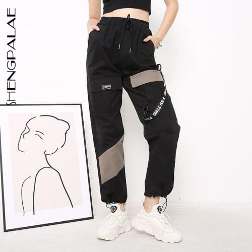 SHENGPALAE 2021 Summer Vintage Patchwork Joggers Sweatpants Harajuku Woman Trousers Elastics Hit Color High Waist Pants ZA2562