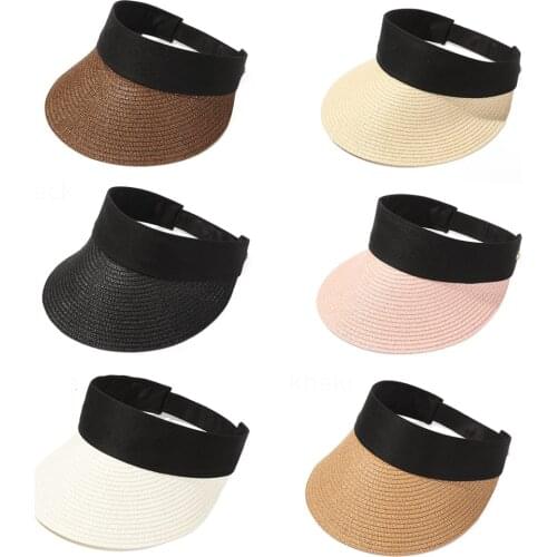 Women Magic Tape Wide Brim Empty Top Suncap Portable Foldable Sun Hat Roll-up Fashion Casual Straw Cap Visors Summer Beach Hat
