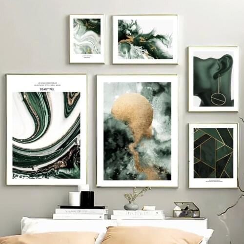 Nordic Posters Prints Golden Rose Moon Green Abstract Texture Geometric Art Canvas Painting Wall Pictures For Living Room Decor