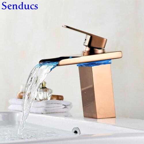 Senducs LED Rose Gold Bathroom Basin Faucet Deck Mounted Hot Cold Bathroom Water Tap Quality Brass Rose Gold Basin Mixer Faucet