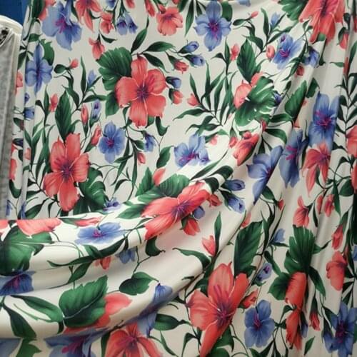 Fresh and elastic milk silk bottom white flower, green tree leaf pattern fabric for sewing dress curtain table cloth 1Meter