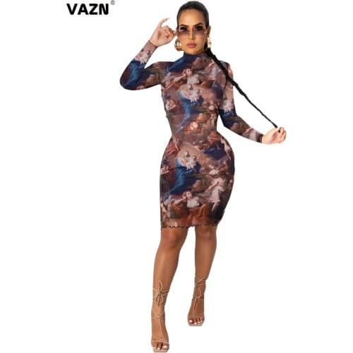 VAZN 2020 Autumn New Arrival Plus Size Vintage Sexy Soft Elastic Turtleneck Full Sleeve Women High Waist Thin Midi Dress