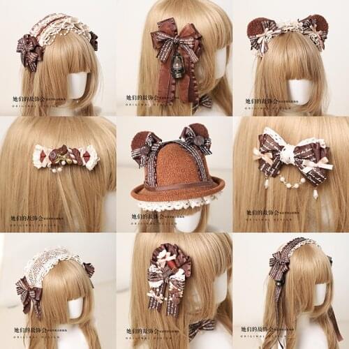 Lolita KC Handmade Lace Trim Bowknot Hairpin Teen Girl Original Design Tiramisu Bear Ears Headdress Women Sweet Hair Accessories