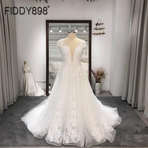 FIDDY898 Exquisite Wedding Dress Boho V Neck Bride Gown for Women Cap Sleeves Tulle Lace Beach Bridal Dresses Vestidos De Novia