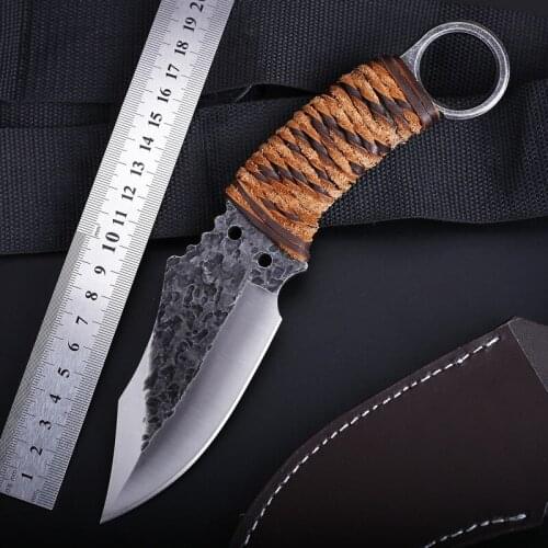 7CR17MOV Steel Straight Knife Outdoor Camping Hunting Military Tactical Survival Fixed Blade Knives with Leather Sheath