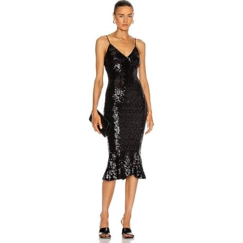 Free Shipping Wholesale Summer womans Dress Black Spaghetti Strap Sequins V-Neck Sexy Mermaid Celebrity Cocktail Party Dress