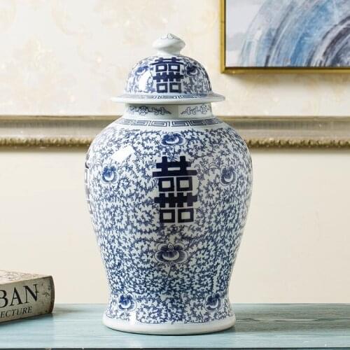 Jingdezhen New Chinese Style Creative Pot Vase Decoration Living Room Blue And White Porcelain temple jar ceramic temple jar