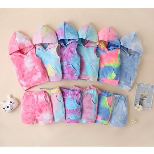 FOCUSNORM 6 Colors Summer Baby Girls Boys Clothes Sets Tie-Dye Printed Sleeveless Hooded Tops Shorts 0-3Y