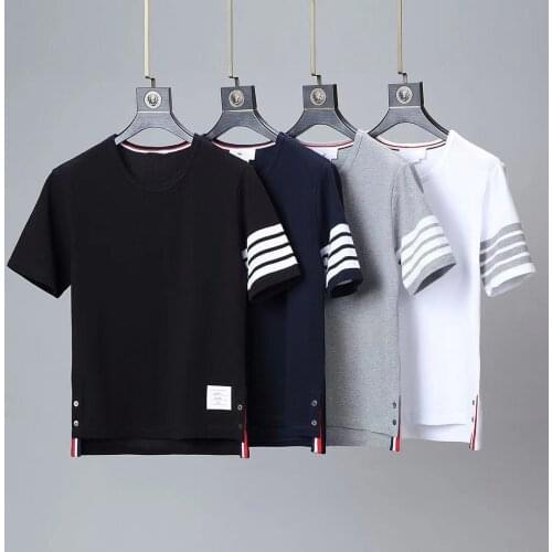 TB THOM Brand Men T-Shirt Cotton Striped High Quality Women Top Short Sleeve Korean Design Summer Couple Clothing