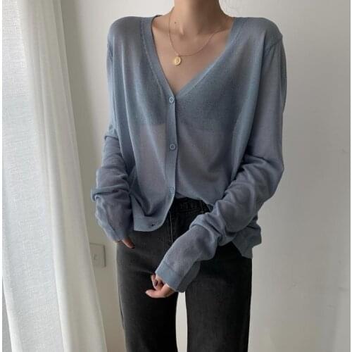 Cardigan Women Korean Long Sleeve Cardigan Summer Cropped Cardigan Knitted V Neck Thin Ice Silk Blouse Sunscreen Shirt 13482