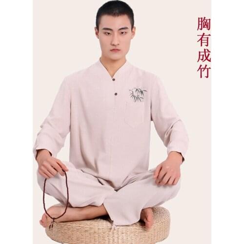 Chinese Tradition Men Yoga Suit Loose Trousers Tops Set Tai Chi Clothing Linen Outdoor Clothes Zen Meditation Clothing