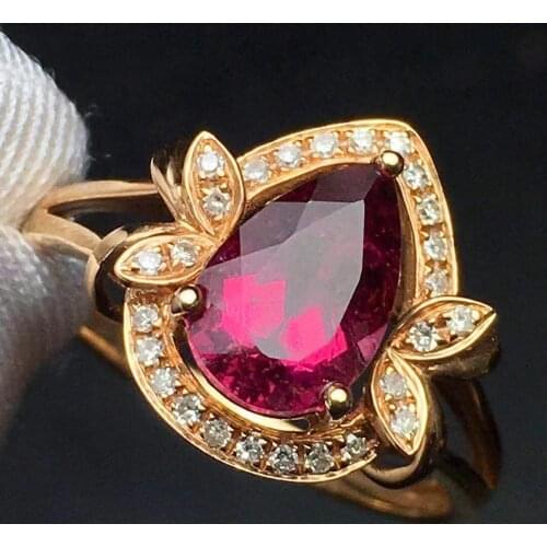Rubillite Ring Fine Jewelry Pure 18 K Gold Natural Rubi Tourmaline 1.4ct Gemstone Diamond Gift Female Rings for Women Fine Ring