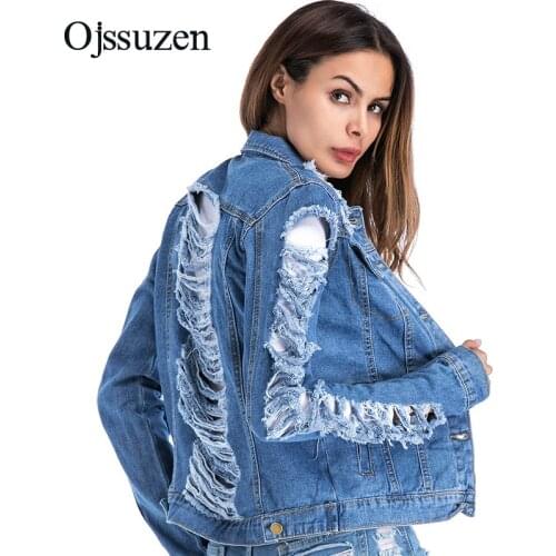 Overcoat Streetwear Womens Frayed Jacket Denim Large Size 5XL Fashion Turn Down Collar Coat Female Jeans Ripped Jacket Spring