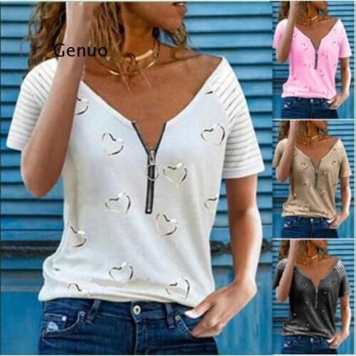 Fashion Women Summer Heart Print T-Shirts for Streetwear Zipper Decor V-Neck Short Sleeve Casual Loose Pullovers Top