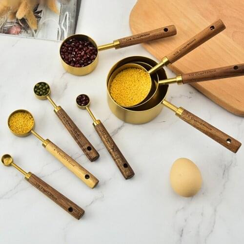 8 Piece Measuring Cups and Spoons Set Kitchen Supply Stainless Steel with Wood Handle for Dry and Liquid Ingredients TS2