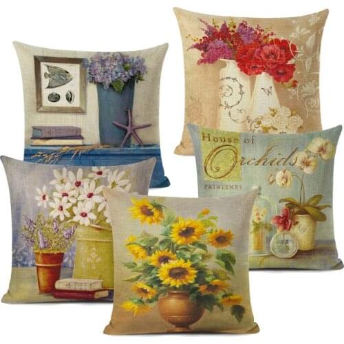 Retro Home Decorative Lavender Printed Cushion Cover Cotton Linen For Chair Purple Flower Pattern Throw Pillow Case Cottom Seat