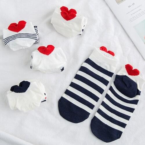 5 Pairs Women Cotton Happy Funny Short Socks Cartoon Heart Cat Cute Invisible Socks Summer Thin Animal Ear Ankle Socks Print