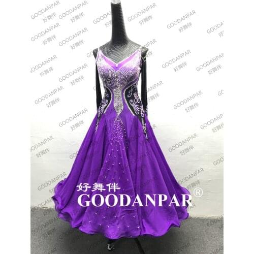 2017 New Competition ballroom Standard dance dress dance clothing stage wear purple black crystal AB stone strapless Long Sleeve