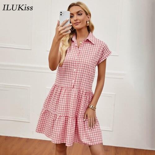 Summer Short Sleeve Loose Midi Dress Women Plaid Print Square Collar Button Dresses For Women Casual 2021 Fashion Ladies Clothes