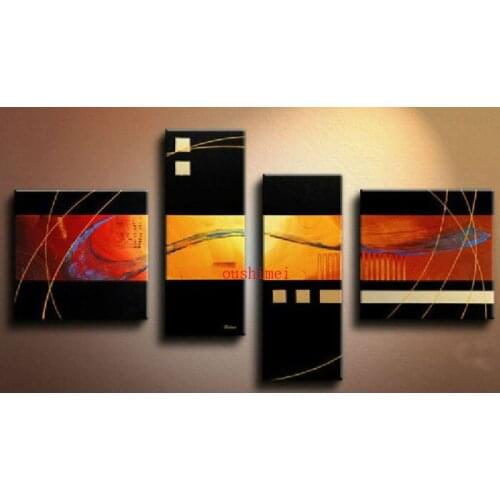 Handmade 4 Piece Black Yellow Modern Abstract Oil Paintings On Canvas Wall Art Landscape Pictures For Home Decoration