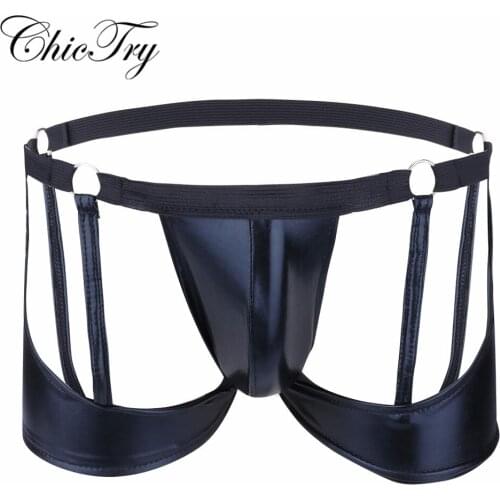 Sexy Male Boxer Shorts Men Lingerie Patent Leather Boxers Panties Bikini Underwear Underpants Panties with O-rings and Strings