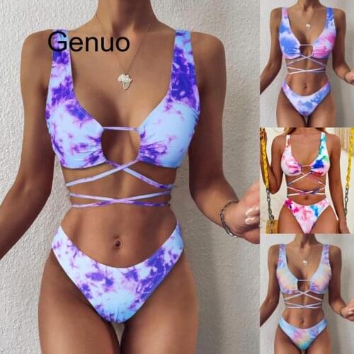 Sexy Mid Waist Bikini Female Swimsuit Women Swimwear Two-Pieces Bikini Set Wrap Around Bather Bathing Suit Swim Lady V2133S