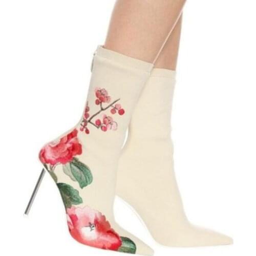 2020 New women mid calf boots point toe women booties metal heel boots ladies party shoes flower booties ujer botas