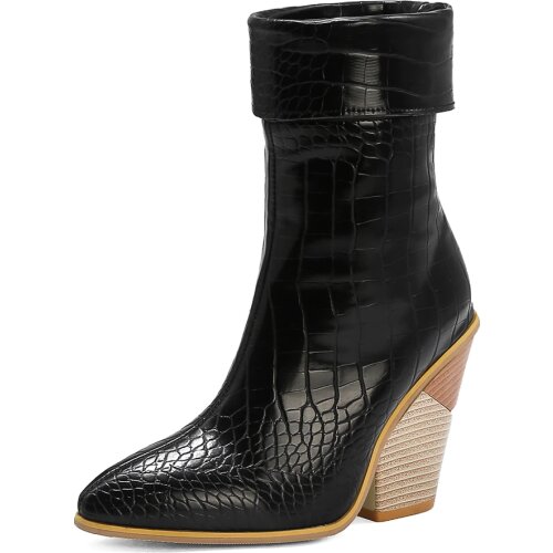 Oversize Cuffed Stone Pattern Super High Heel Snake Pattern Mid-Calf Boots Crocodile Pattern Wedge Sleeve Women’S Boots