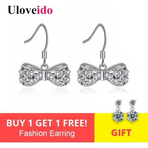 Uloveido Crystal Bowknot Earrings for Women 925 Sterling Silver Earring Korean Stud Earings Fashion Jewellery Earing Gifts Y356