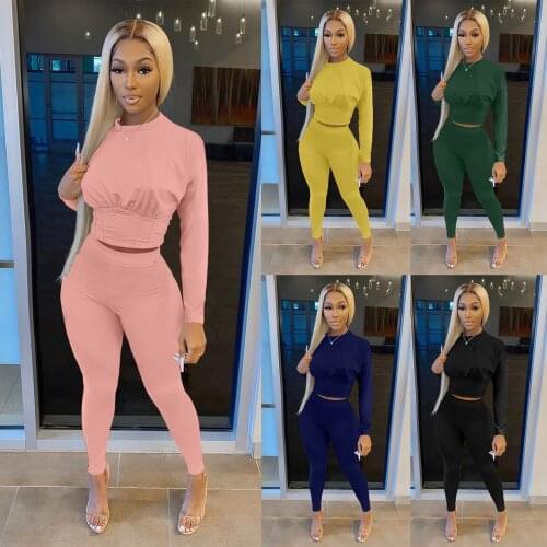Womens Solid Color Two-piece Suit Thin Waist Sportswear Long-sleeved Round Neck Pullover And Trousers Sports Suit Ropa Mujer