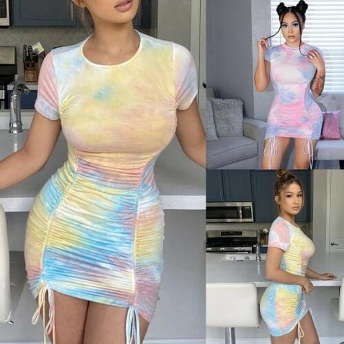 Round neck tie dyed short sleeve womens dress with drawstring pleating, slim fit, non positioning printing, comfortable skirt g
