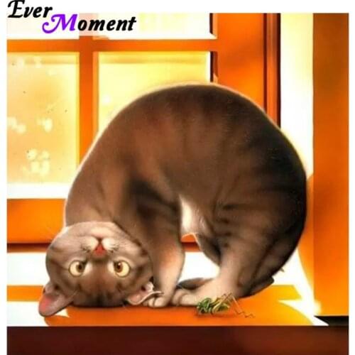 Ever Moment Diamond Painting Cross Stitch Cute Curious Cat Bending Over to See Grasshopper Full Square Diamond Mosaic ASF990