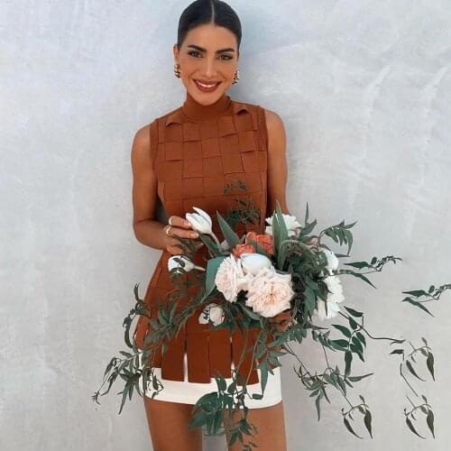 Celebrity Bandage Dress 2020 New Sleevesless Bodycon Two Pieces Set Elegant Knitted Brown White Patchwork Vintage Vestios