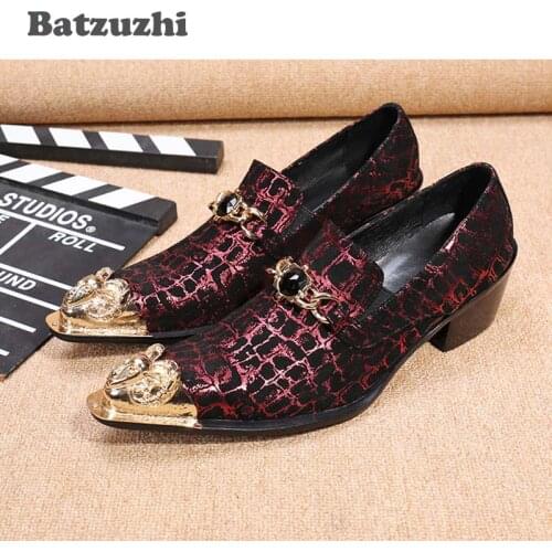 Batzuzhi Luxury Handmade Mens Leather Shoes Gold Pointed Iron Toe Red Leather Dress Shoes Men Designer Men Wedding Shoes