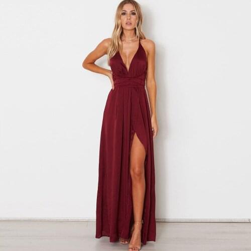 Burgundy A-line Chiffon Side Slit Prom Party Gown V-Neck Spaghetti straps Floor length Sleeveless Open back Evening Dresses
