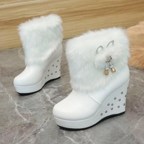 Ins Hot Sale Ladies Boots Solid Platform Slip On Wedges Ankle Boots Women Warm Plush Winter Fluffy Shoes Woman