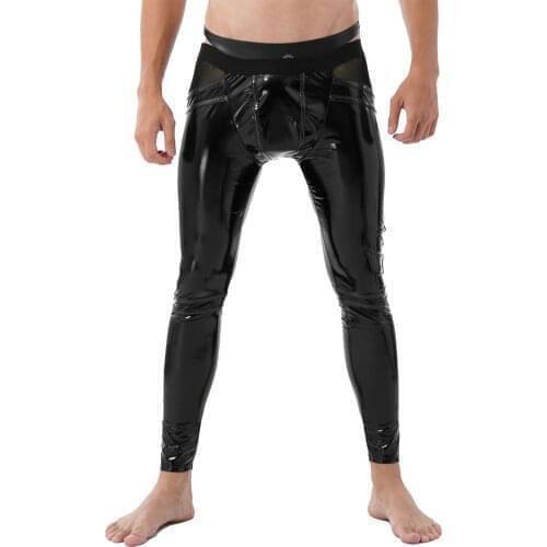Mens Patent Leather Open Back Striped Trousers Low Rise Elastic Waistband Slim Pants Night Club Stage Performance Sexy Costume